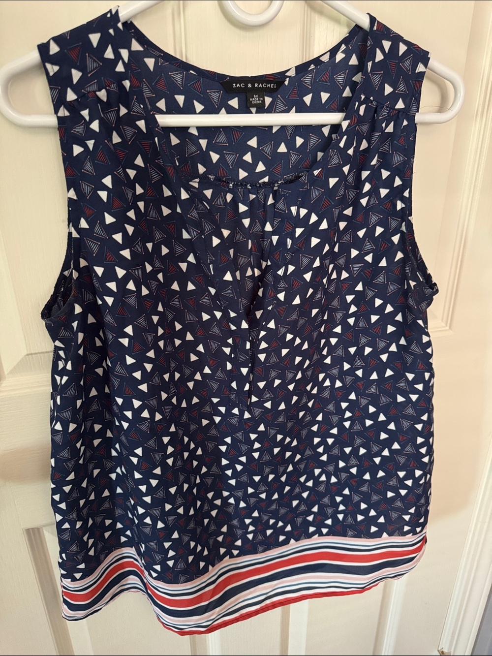 Zac & Rachel Navy Geometric Sleeveless V-Neck Tank with Striped Hem